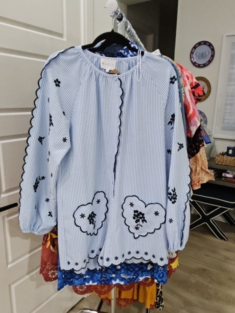 Embroidered Blue & White Striped Peasant Tunic